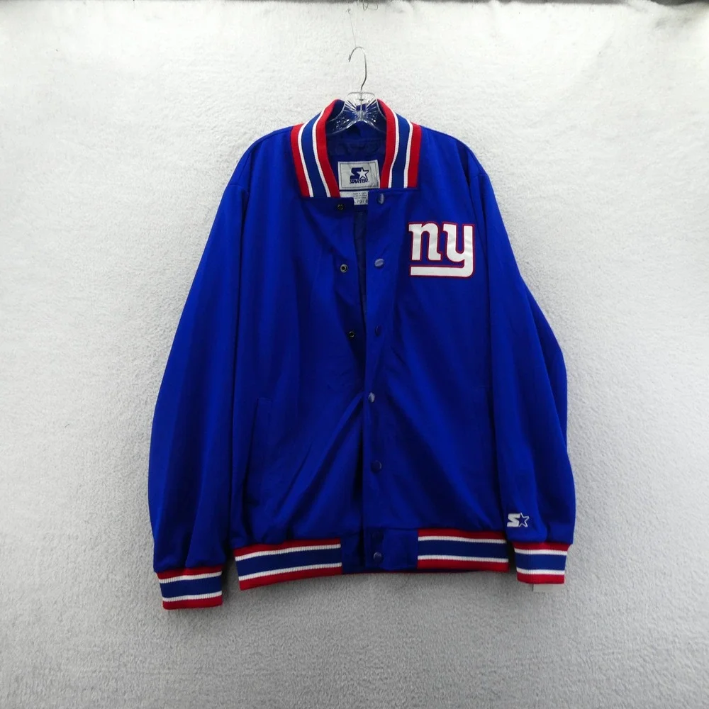 Starter Jacket Mens Large New York Giants Blue Snap Front Varsity Mesh Polyester - Picture 1 of 10